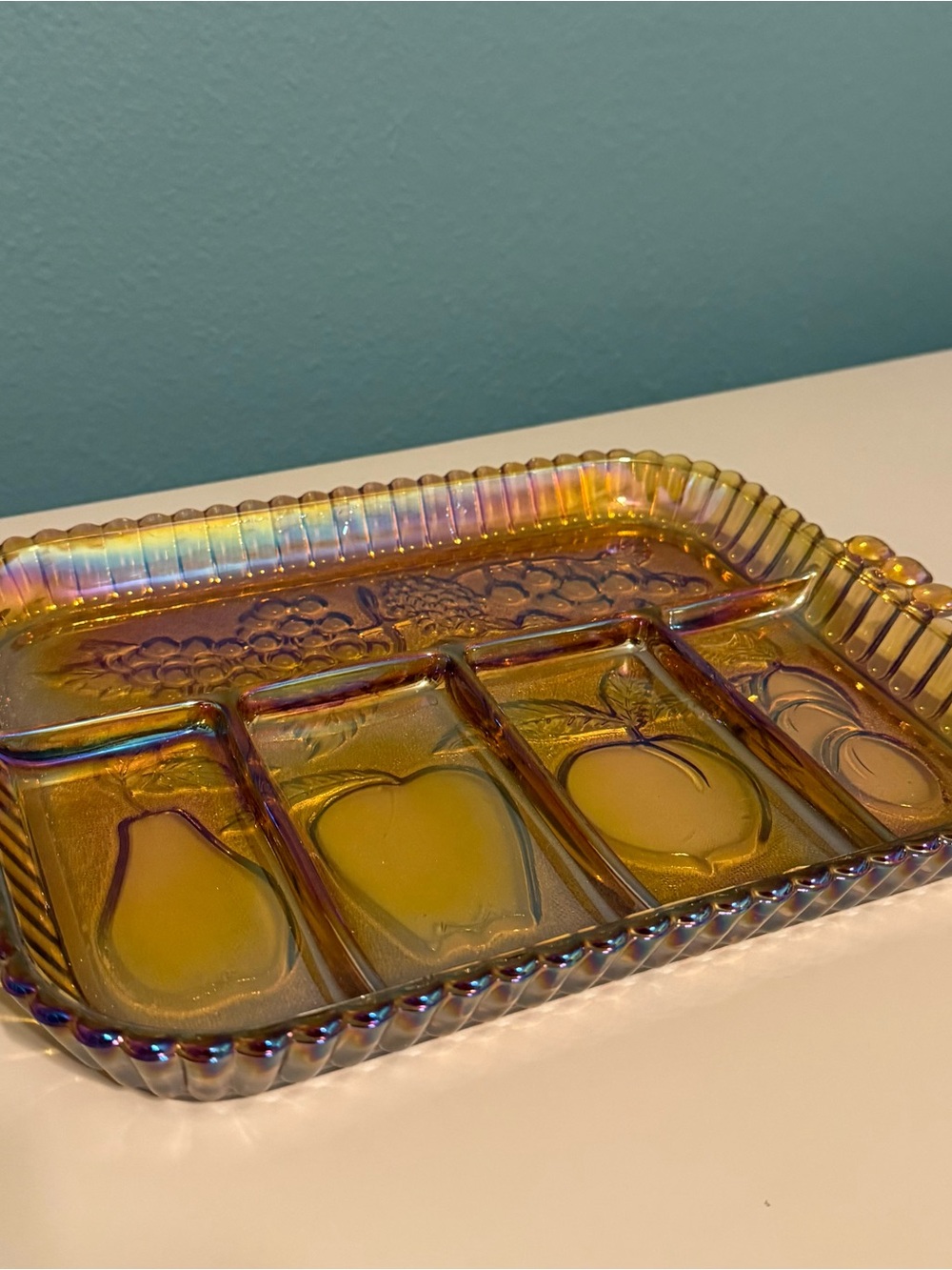 Indiana Marigold Carnival Iridescent Glass Divided Tray Platter Fruit Pattern